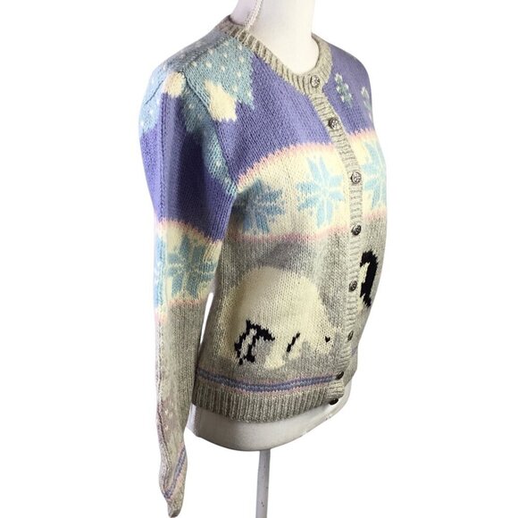 Vtg Hand Knit Skyr Cardigan Sweater Nordic Fair Isle Penguin Polar Bear Reindeer - Picture 4 of 11